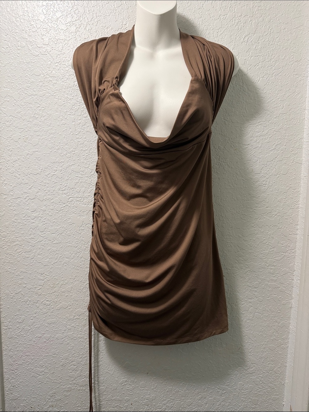 Women’s Brown Cowl Neck Mini Dress with Side Ruching